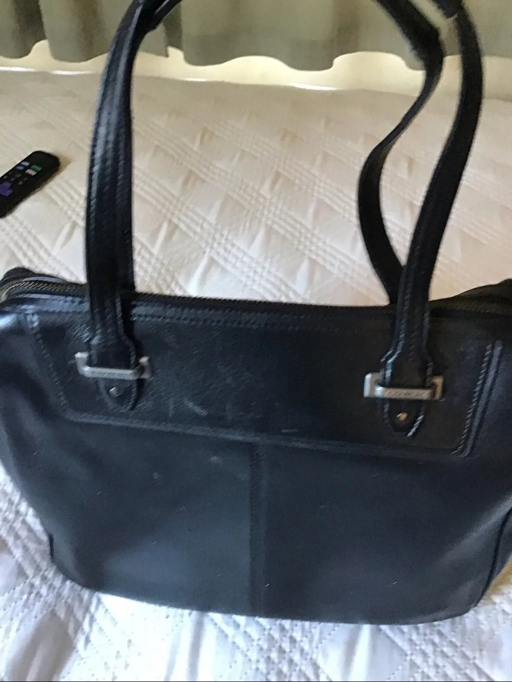 Coach Black Leather and Wool Briefcase with Croc-Trim Pocket